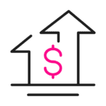 Contorno negro de una flecha hacia arriba con un signo de dólar rosa en el interior, que indica crecimiento financiero.